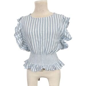 Cupcakes and Cashmere Blue White Stripe Smocked Peplum Ruffle Sleeve Juniors M